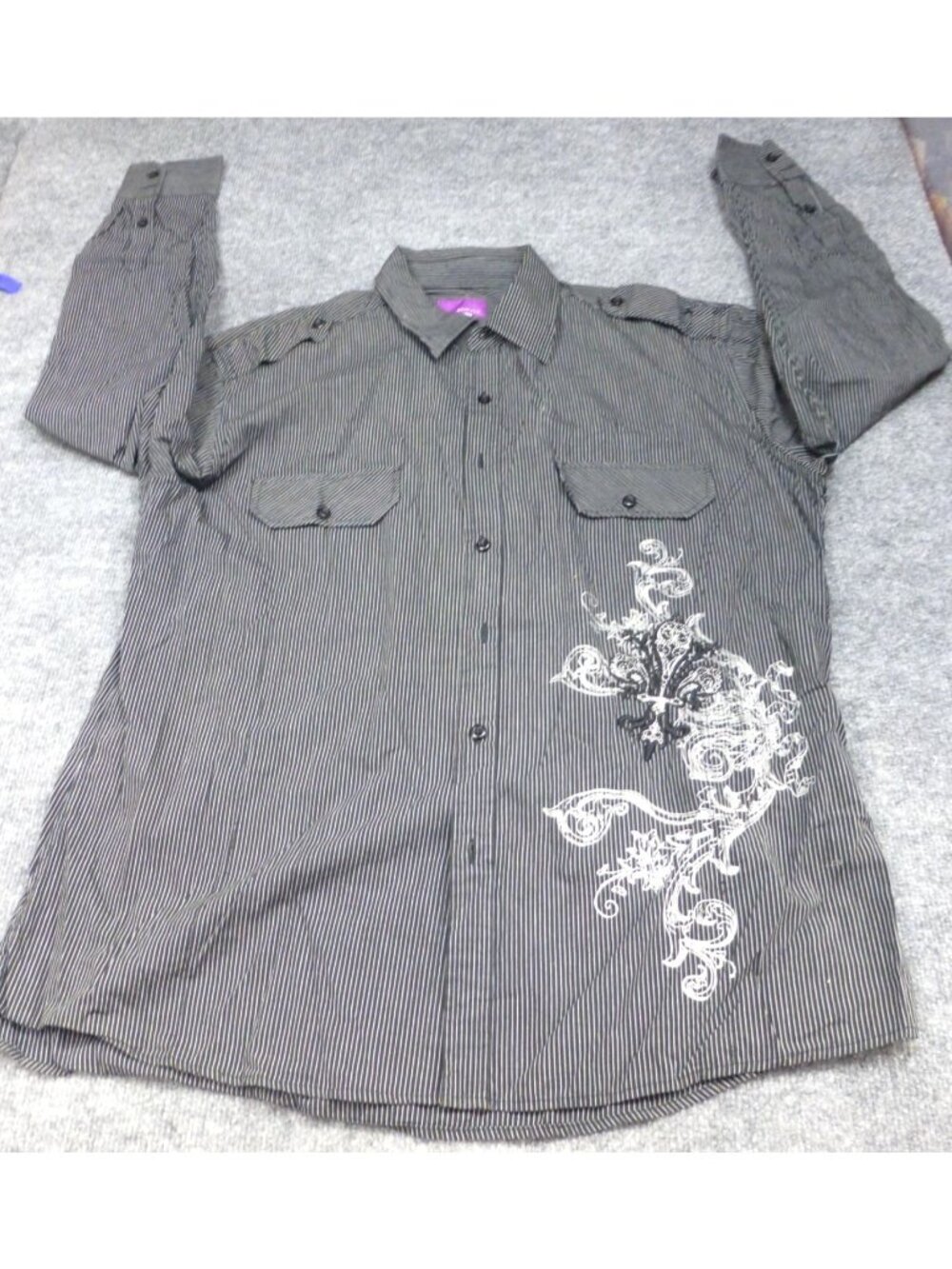 Empra Mens Button Up Shirt XL Gray Stripe Heavy Embroidery Cyber Y2K Goth Emo‎